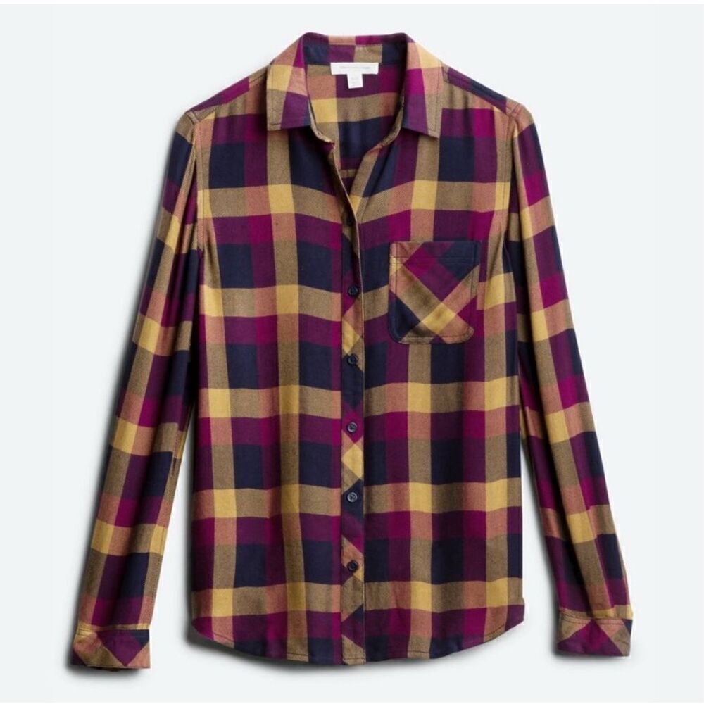 BeachLunchLounge Women’s Jewel Tone Purple Plaid Button Front Top Large